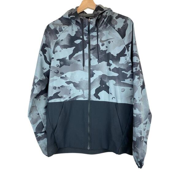 Nike PRO Dri-Fit Men S Gray Black Camouflage Full Zip Hooded Windbreaker Jacket - Picture 1 of 10